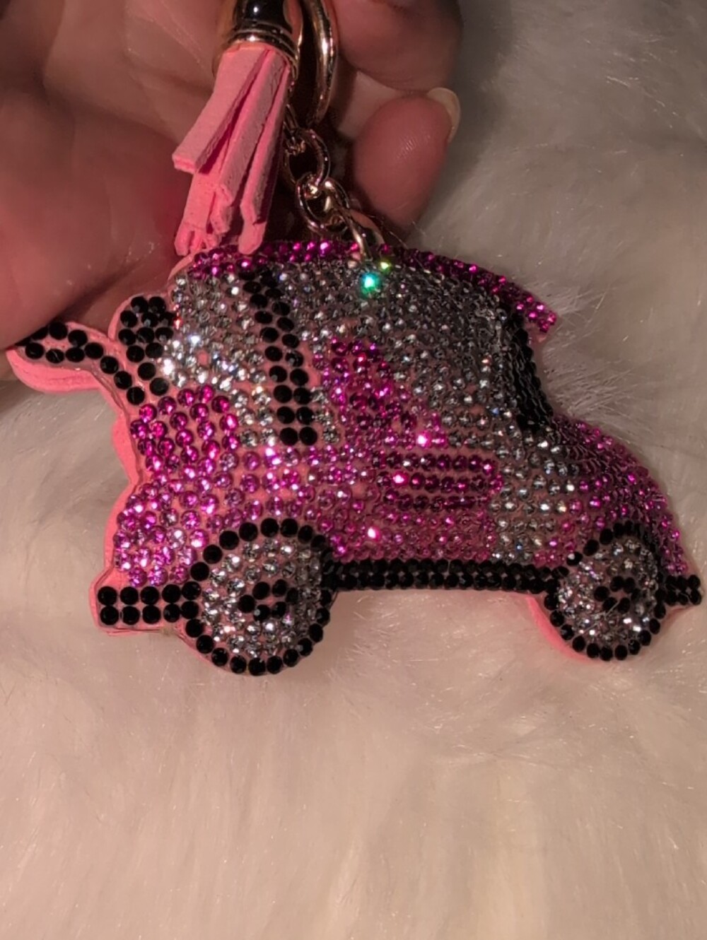 Pink Rhinestone Car Keychain Bag Charm with Tassel - Picture 4 of 5